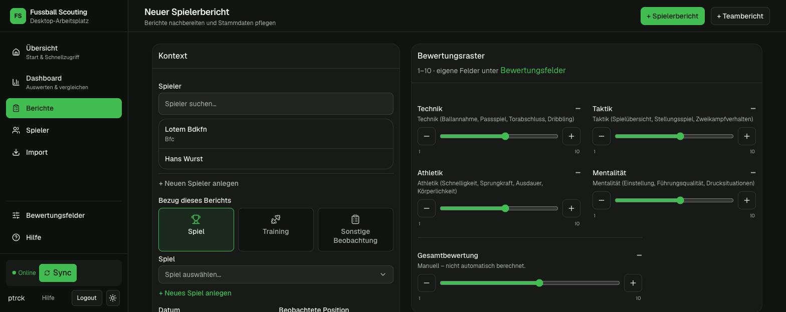 Spielerbericht mit Bewertungsraster
